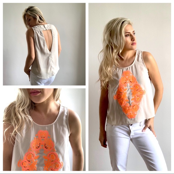 Tops - Neon Orange & Pink Embroidered Top Open Back M